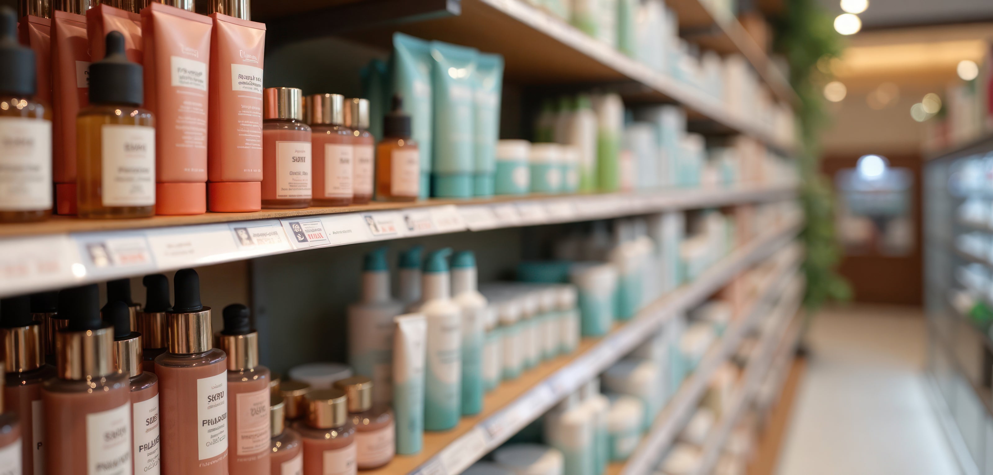 Shelves with skincare products in a store setting