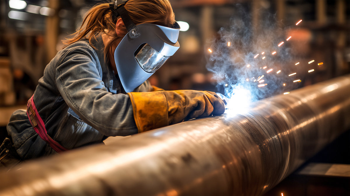 Person welding a metal pipe with sparks flying, wearing protective gear.